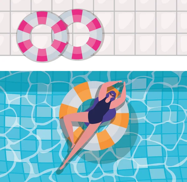 游泳池顶部视图矢量设计中的浮游女孩卡通画 — 图库矢量图片