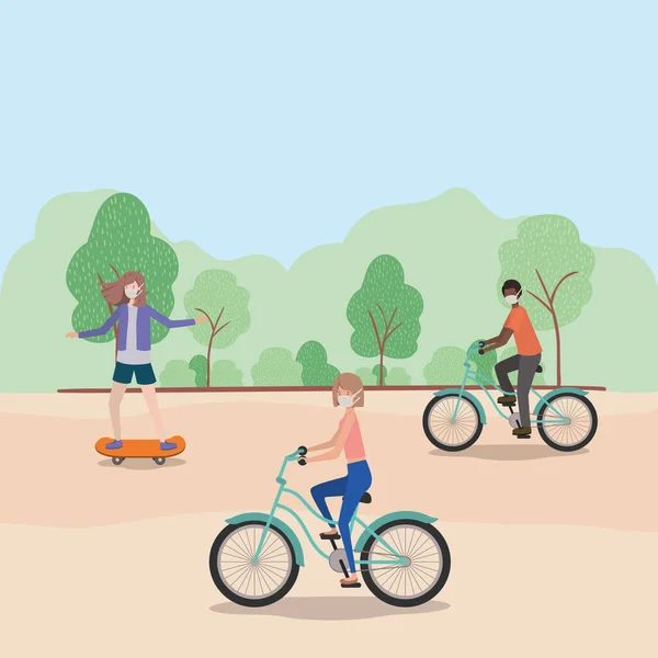 People with masks on cycles at park vector design — Stock Vector