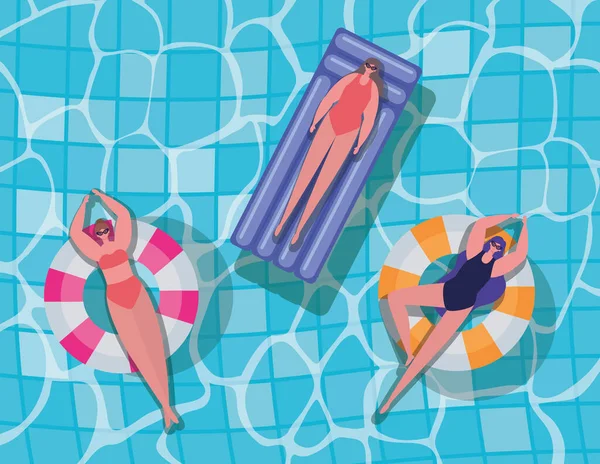 Desenhos animados meninas em carros alegóricos na piscina vista superior design vetorial — Vetor de Stock