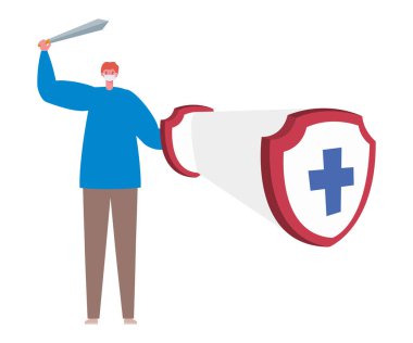 Kılıcı maskeli, kalkanı çapraz vektör tasarımlı bir adam.