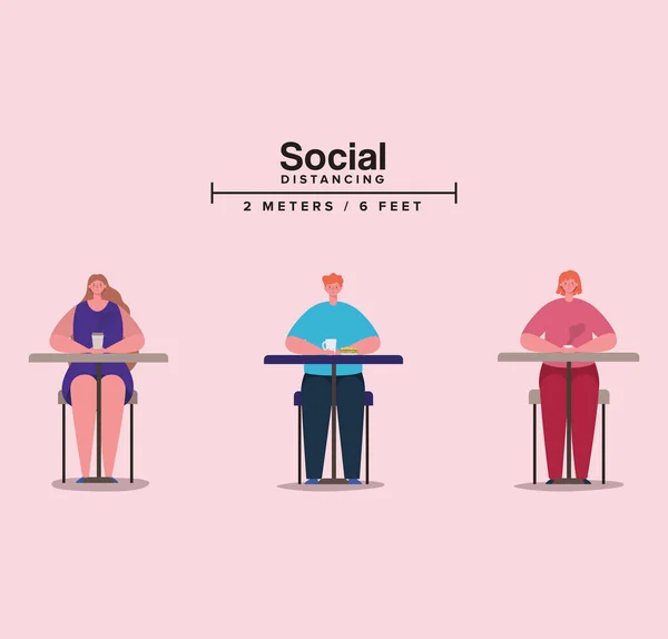 Sociale afstand tussen mensen op tafels met koffiemokken vector ontwerp — Stockvector