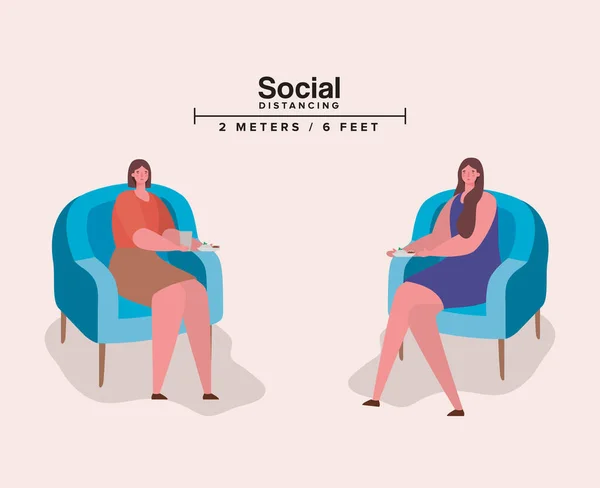 Soziale Distanzierung zwischen Frauen auf Stühlen — Stockvektor