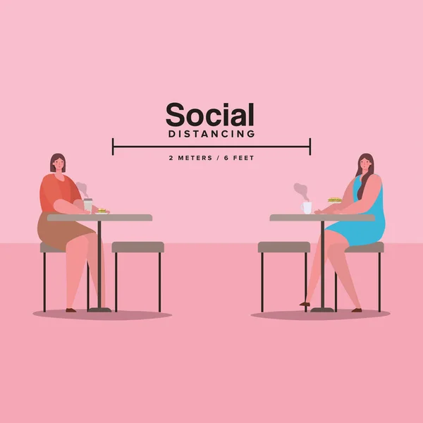 Distance sociale entre les femmes sur les tables avec tasses à café design vectoriel — Image vectorielle