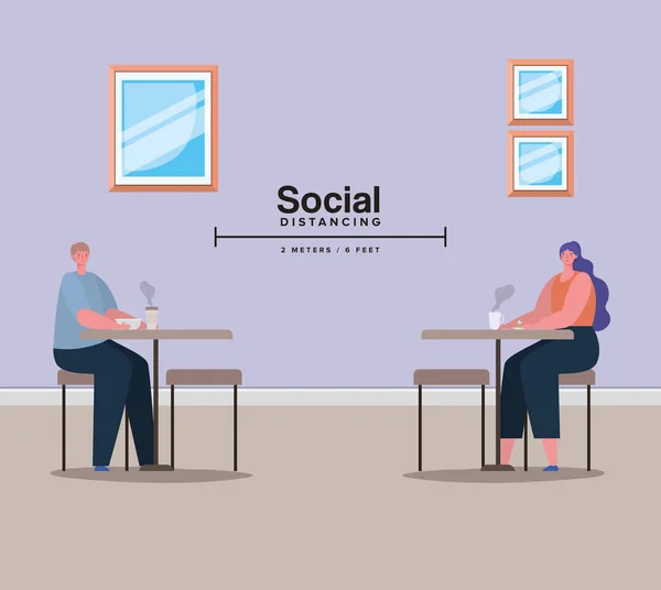 Soziale Distanzierung zwischen Frau und Mann auf Tischen mit Kaffeebecher-Vektordesign — Stockvektor