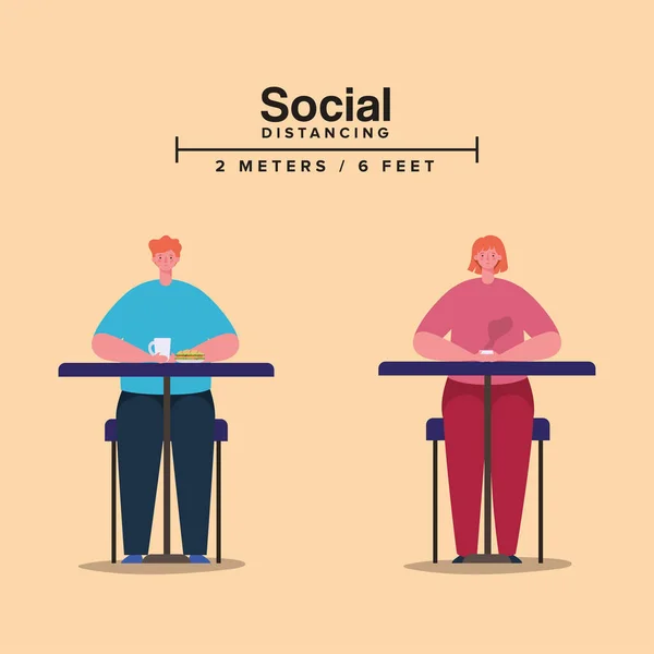 Distance sociale entre la femme et l'homme sur des tables avec tasses à café design vectoriel — Image vectorielle