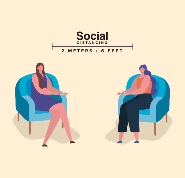Soziale Distanzierung zwischen Frauen auf Stühlen — Stockvektor