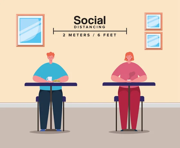 Distance sociale entre la femme et l'homme sur des tables avec tasses à café design vectoriel — Image vectorielle