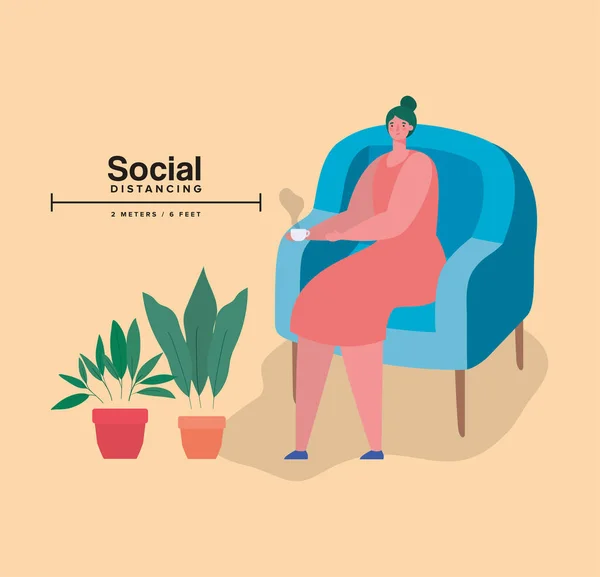 커피 머그 벡터 디자인으로 의자에 앉아 있는 여성의 사회적 인 거리 — 스톡 벡터