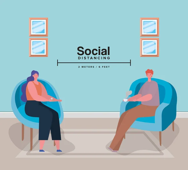 Distance sociale entre la femme et l'homme sur les chaises design vectoriel — Image vectorielle