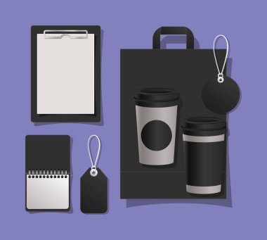 Mockup çanta kupaları ve etiketler vektör tasarımı
