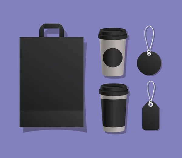 Canecas saco Mockup e etiquetas design vetorial —  Vetores de Stock