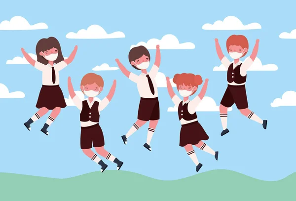 Mädchen und Jungen springen mit medizinischen Masken Vektor-Design — Stockvektor