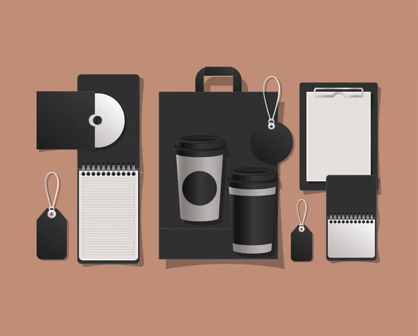 Mockup çanta kupaları ve etiketler vektör tasarımı — Stok Vektör