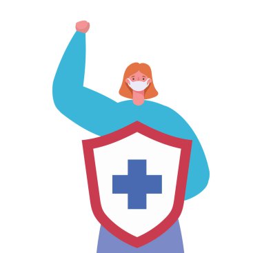 Çapraz vektör tasarımlı maskeli ve kalkanlı kadın