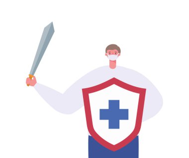 Kılıcı maskeli, kalkanı çapraz vektör tasarımlı bir adam.