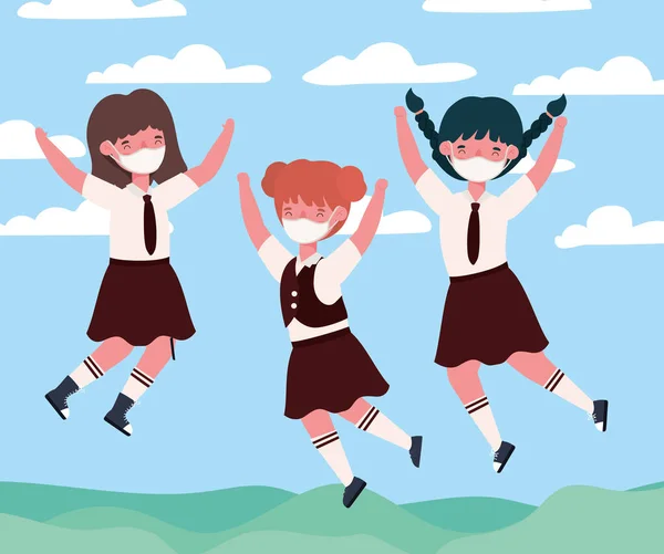 Girls kids jumping with medical masks vector design — Stock Vector