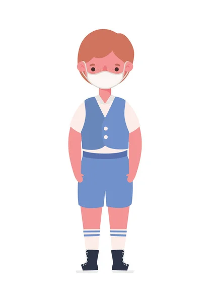 Niño con máscara médica y diseño de vectores uniforme — Archivo Imágenes Vectoriales