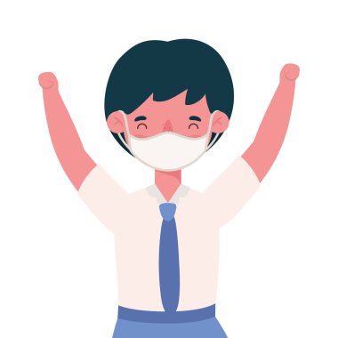 Üniformalı ve tıbbi maske takan bir çocuk.