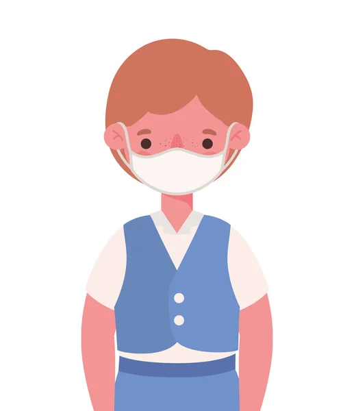 Niño con uniforme y diseño de vectores máscara médica — Vector de stock