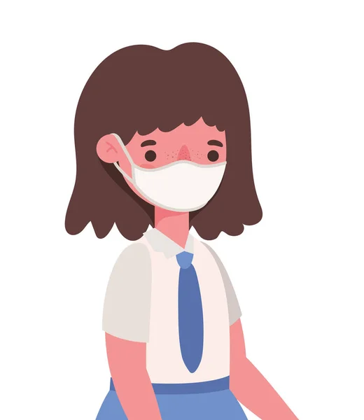 Niña con uniforme y diseño de vectores máscara médica — Vector de stock