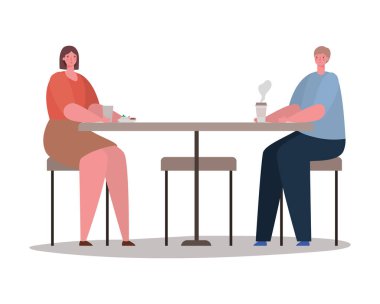 Kahve fincanı tasarımı olan kadın ve erkek masada.