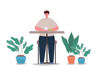 Vektör tasarımında kahve fincanı olan Avatar adam.