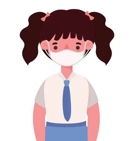 Niña con uniforme y diseño de vectores máscara médica — Vector de stock