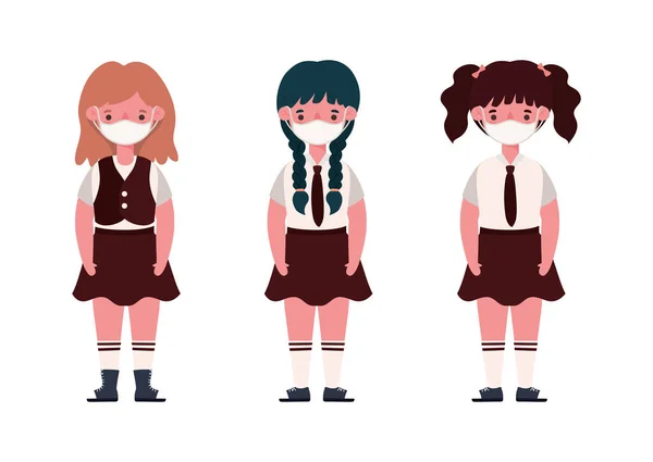 Mädchen Kinder mit Uniformen und medizinischen Masken Vektor Design — Stockvektor
