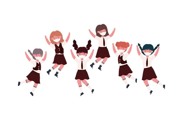 Girls kids with uniforms and medical masks jumping vector design — Stock Vector