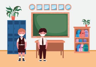 Sınıfın vektör tasarımında maskeli çocuklar