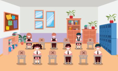 Sınıfın vektör tasarımında maskeli çocuklar