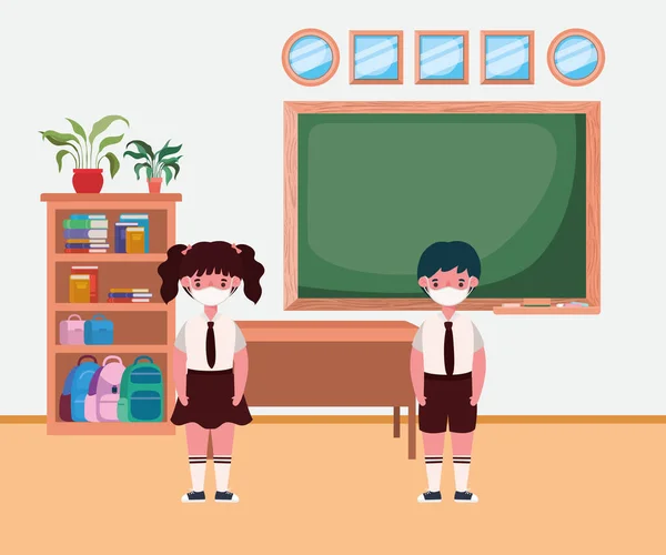 Mädchen und Jungen mit Masken im Klassenzimmer-Vektor-Design — Stockvektor