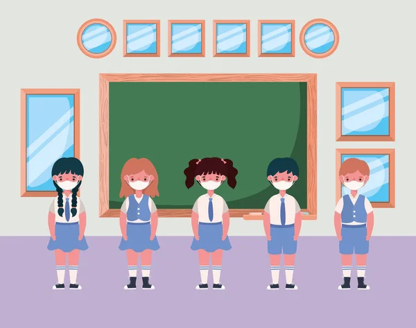 Enfants avec des masques dans la salle de classe en face de la conception vectorielle conseil — Image vectorielle