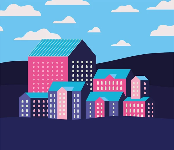 Púrpura azul y rosa ciudad edificios paisaje con nubes vector de diseño — Vector de stock