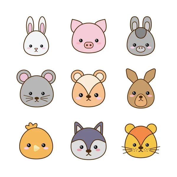 Bonito kawaii animais desenhos animados linha e estilo de preenchimento ícone conjunto vetor design — Vetor de Stock