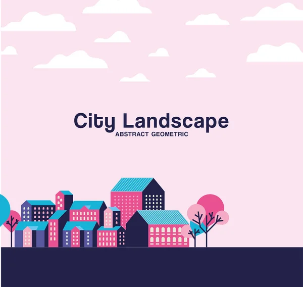 Viola blu e rosa città edifici paesaggio con nuvole e alberi vettoriale design — Vettoriale Stock