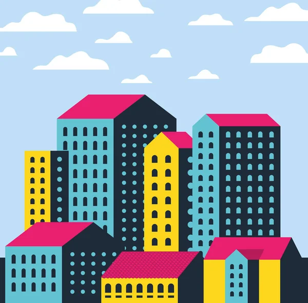 구름 벡터 설계가 있는 노란색 과 분홍색 도시 건물의 풍경 — 스톡 벡터
