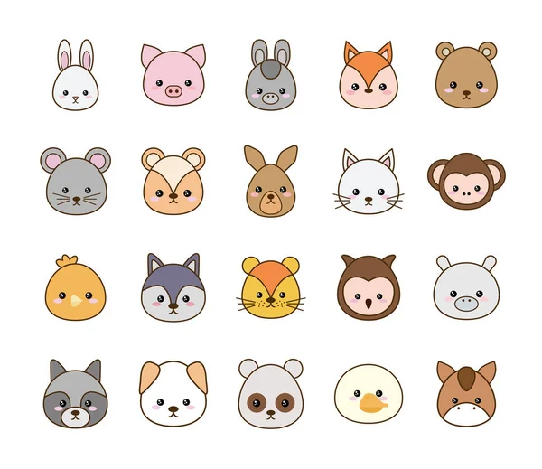 Lindo kawaii animales línea de dibujos animados y llenar el icono de estilo conjunto de diseño de vectores — Archivo Imágenes Vectoriales