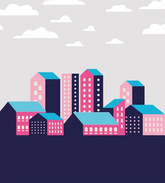 Paysage de bâtiments de ville bleu-violet et rose avec design vectoriel nuages — Image vectorielle