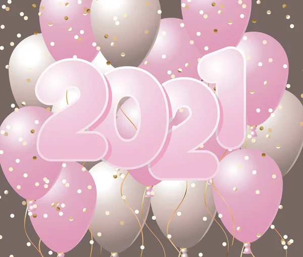 Gelukkig Nieuwjaar 2021 met roze ballonnen en confetti vector design — Stockvector