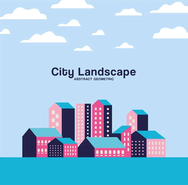 Roxo azul e rosa edifícios da cidade paisagem com design de vetor nuvens — Vetor de Stock