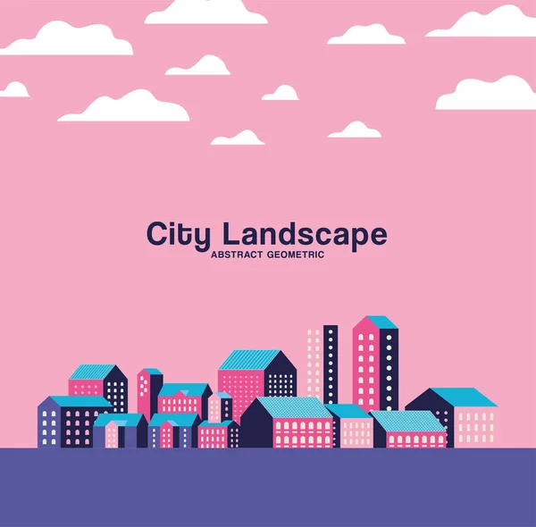 Púrpura azul y rosa ciudad edificios paisaje con nubes vector de diseño — Archivo Imágenes Vectoriales