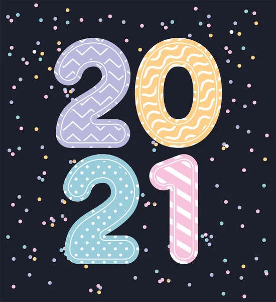 Frohes neues Jahr 2021 mit Punkten und Zick-Zack-Linien und Konfetti-Vektordesign — Stockvektor