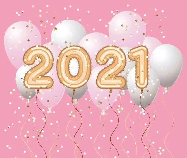 Gelukkig Nieuwjaar 2021 met roze ballonnen en confetti vector design — Stockvector