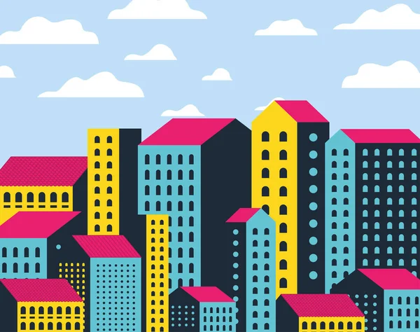 구름 벡터 설계가 있는 노란색 과 분홍색 도시 건물의 풍경 — 스톡 벡터