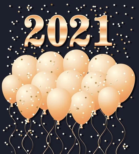 2021年新年快乐，金色气球，带有Confetti矢量设计 — 图库矢量图片