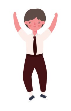 Erkek çocuk çizgi filmi, üniformalı ve kolları havada zıplayan vektör tasarımı.