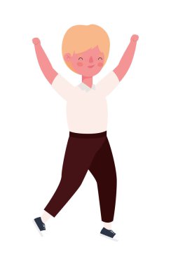 Erkek çocuk çizgi filmi, üniformalı ve kolları havada zıplayan vektör tasarımı.