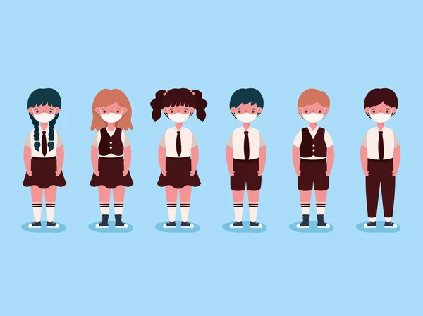 Girls and boys kids with uniforms and medical masks vector design — Stock Vector