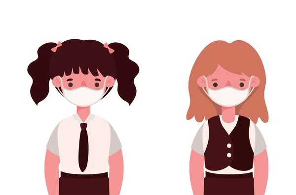 Lányok gyerekek orvosi maszk és egyenruha vektor tervezés — Stock Vector